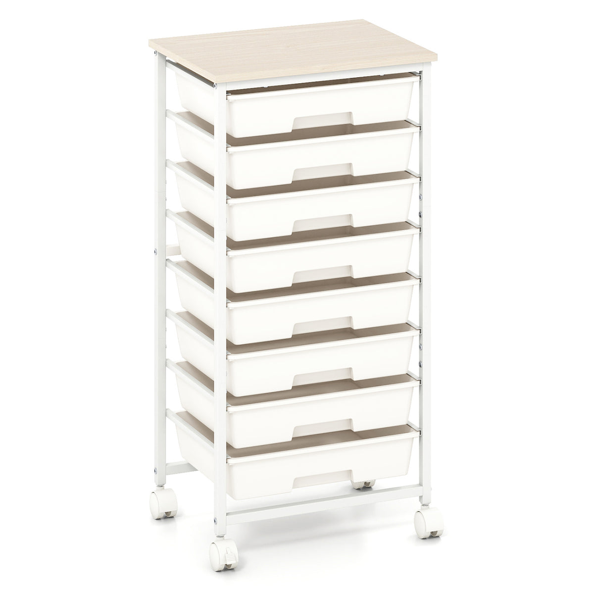Rolling Cart with 8 Drawers and Wooden Tabletop with Lockable Wheels for Home Office-White + Natural, White