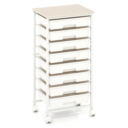 Rolling Cart with 8 Drawers and Wooden Tabletop with Lockable Wheels for Home Office-White + Natural, White