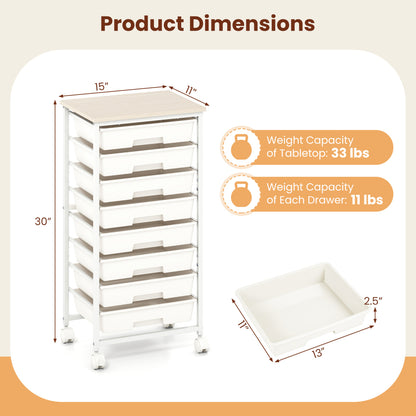 Rolling Cart with 8 Drawers and Wooden Tabletop with Lockable Wheels for Home Office-White + Natural, White