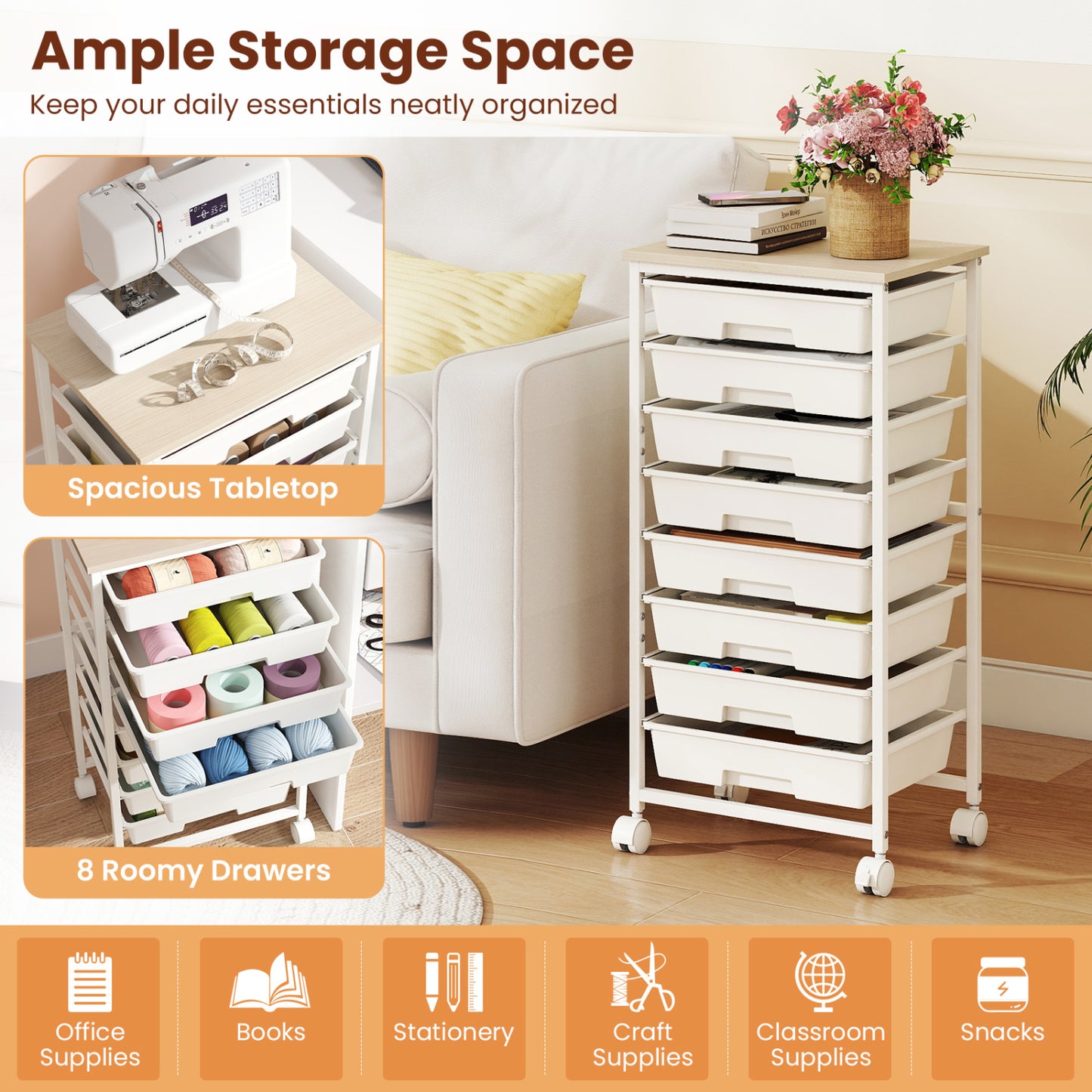 Rolling Cart with 8 Drawers and Wooden Tabletop with Lockable Wheels for Home Office-White + Natural, White