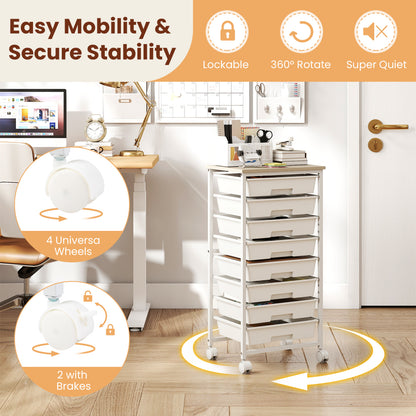 Rolling Cart with 8 Drawers and Wooden Tabletop with Lockable Wheels for Home Office-White + Natural, White
