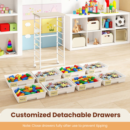 Rolling Cart with 8 Drawers and Wooden Tabletop with Lockable Wheels for Home Office-White + Natural, White