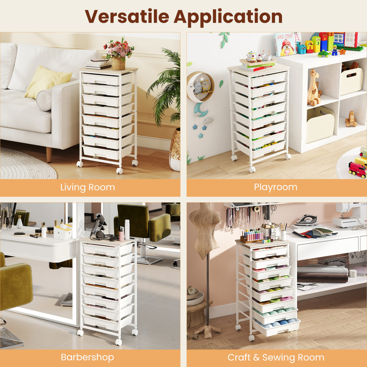 Rolling Cart with 8 Drawers and Wooden Tabletop with Lockable Wheels for Home Office-White + Natural, White