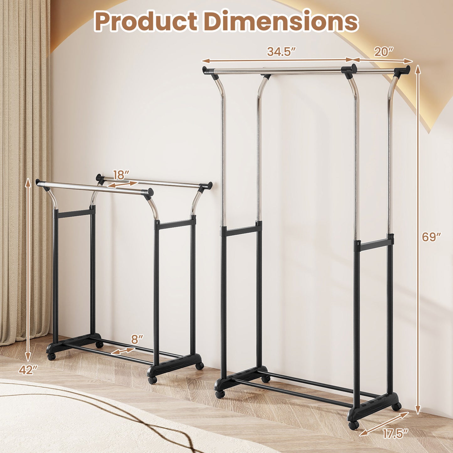 Rolling Clothes Rack, Double Rod, Adjustable Height Clothing & Closet Storage at Gallery Canada