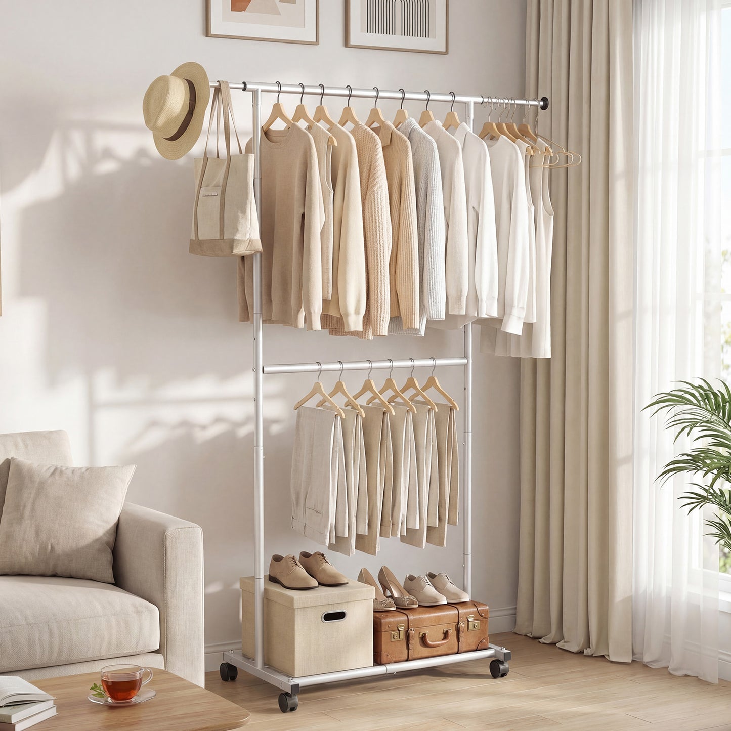 Double Rod Rolling Clothes Rack, Extendable Garment Stand Drying Racks at Gallery Canada