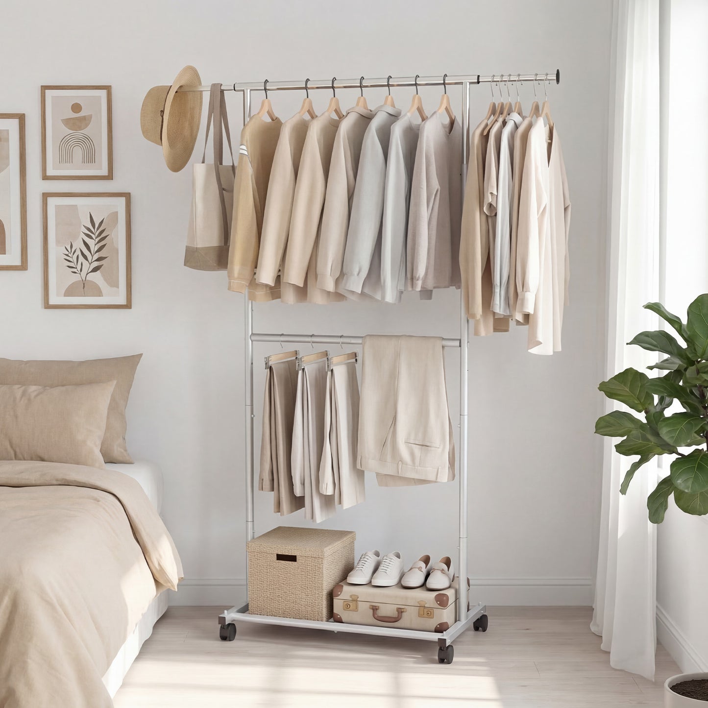 Double Rod Rolling Clothes Rack, Extendable Garment Stand Drying Racks at Gallery Canada