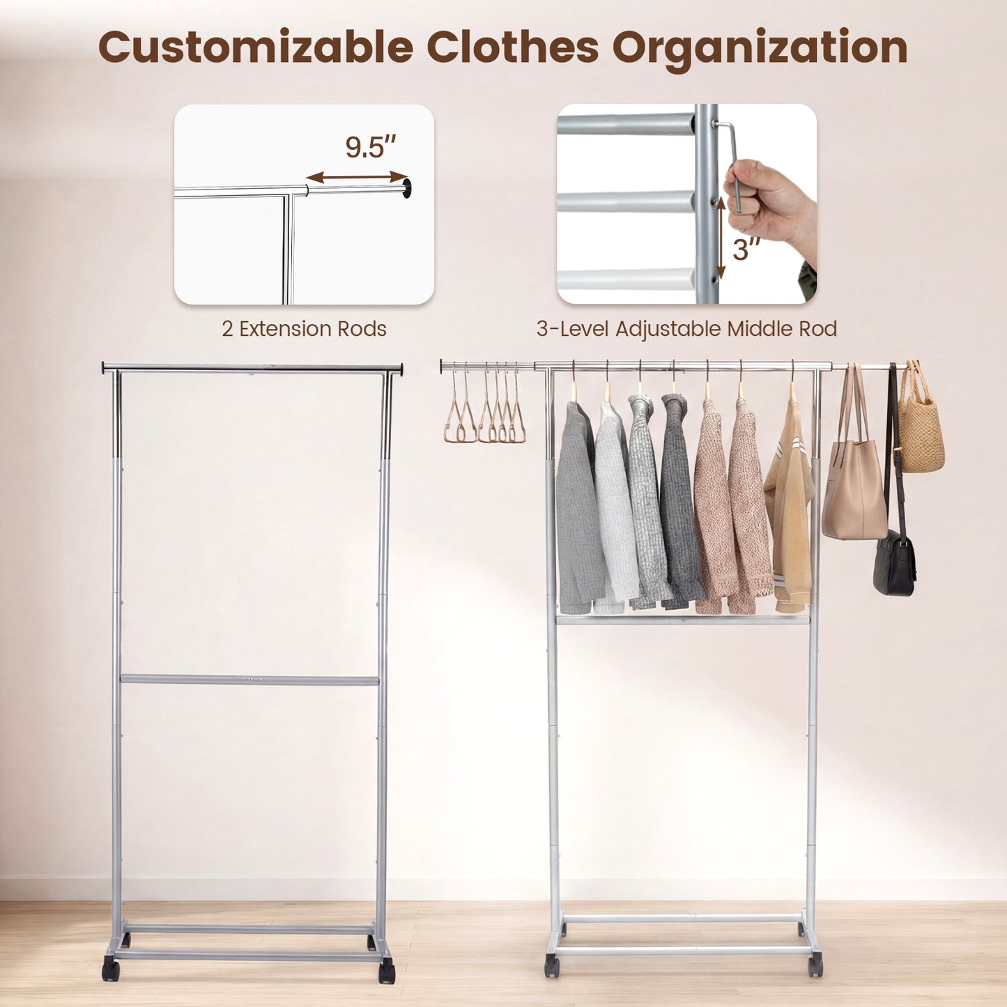 Double Rod Rolling Clothes Rack, Extendable Garment Stand Drying Racks at Gallery Canada