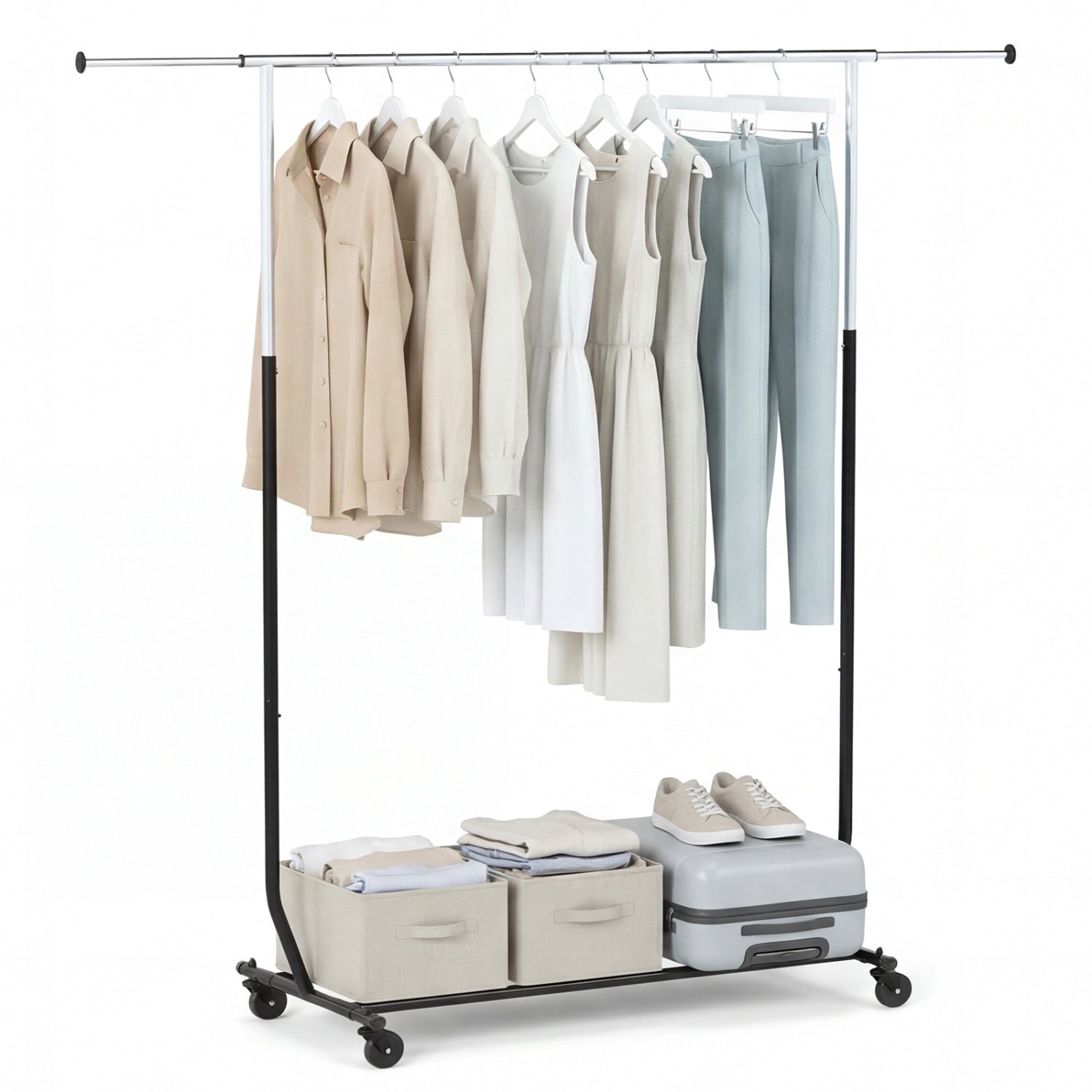 Rolling Clothes Rack, Extendable Garment Stand