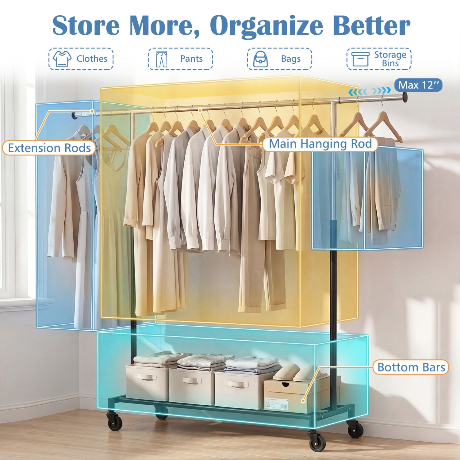 Rolling Clothes Rack, Extendable Garment Stand Coat Racks & Hall Trees at Gallery Canada