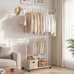 Double Rod Rolling Clothes Rack, Extendable Garment Stand