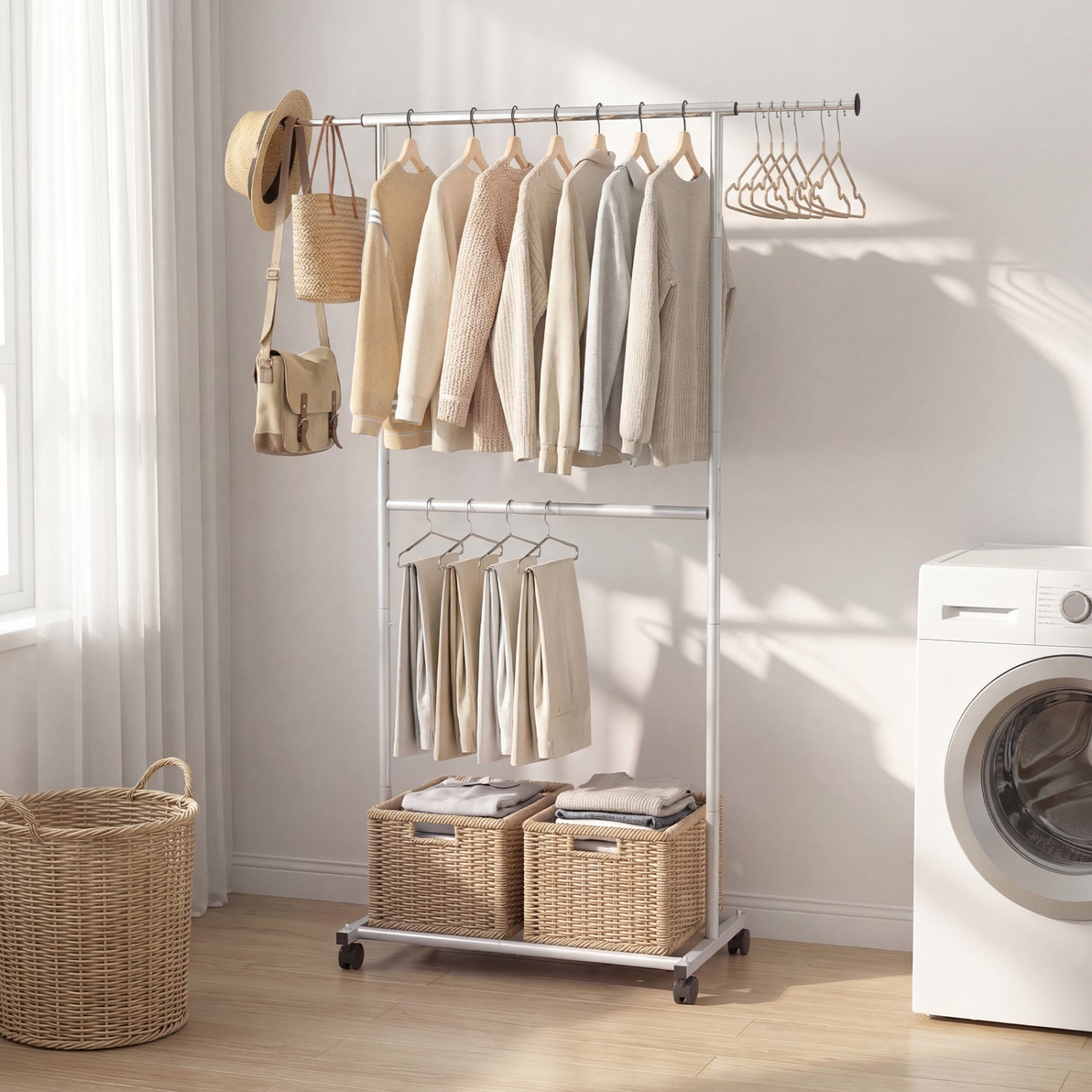 Double Rod Rolling Clothes Rack, Extendable Garment Stand Drying Racks at Gallery Canada