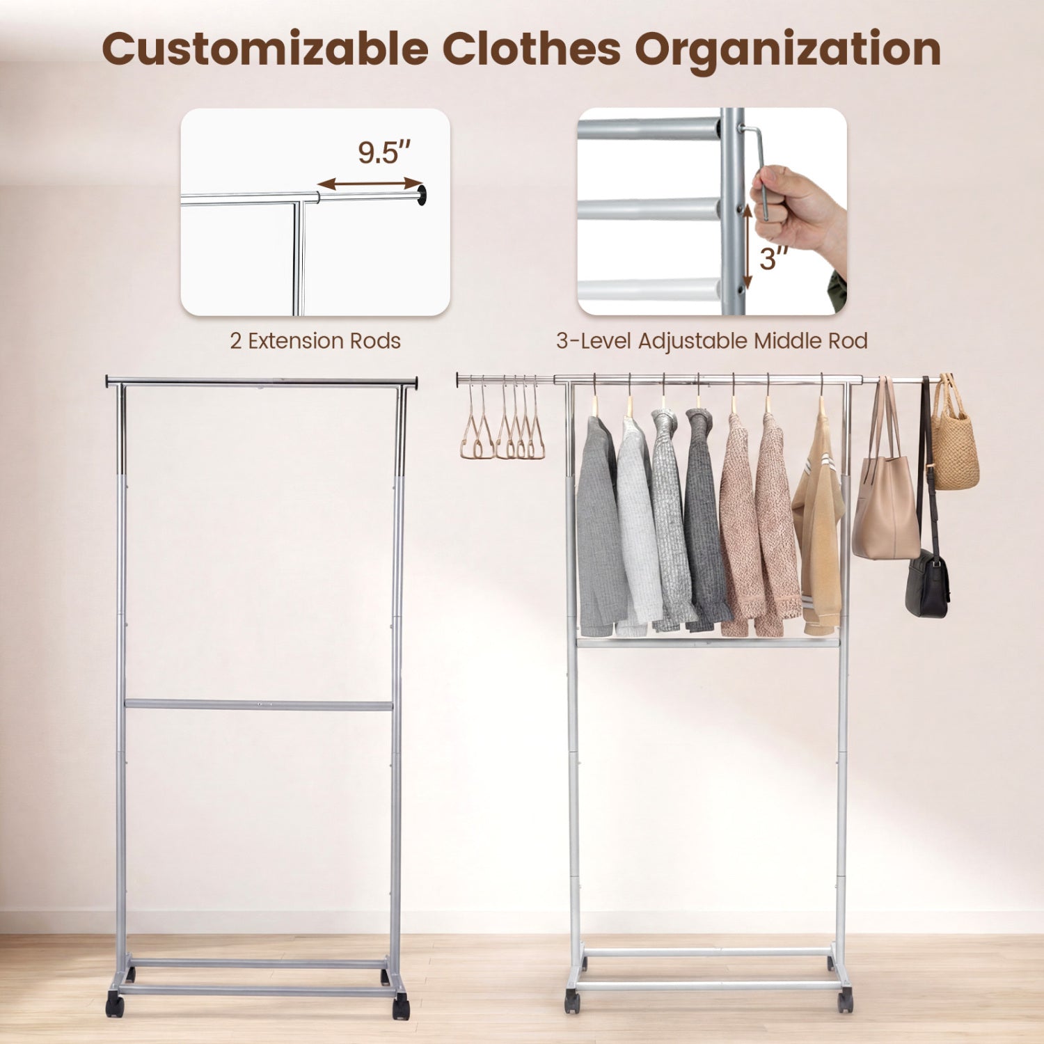 Double Rod Rolling Clothes Rack, Extendable Garment Stand Drying Racks at Gallery Canada
