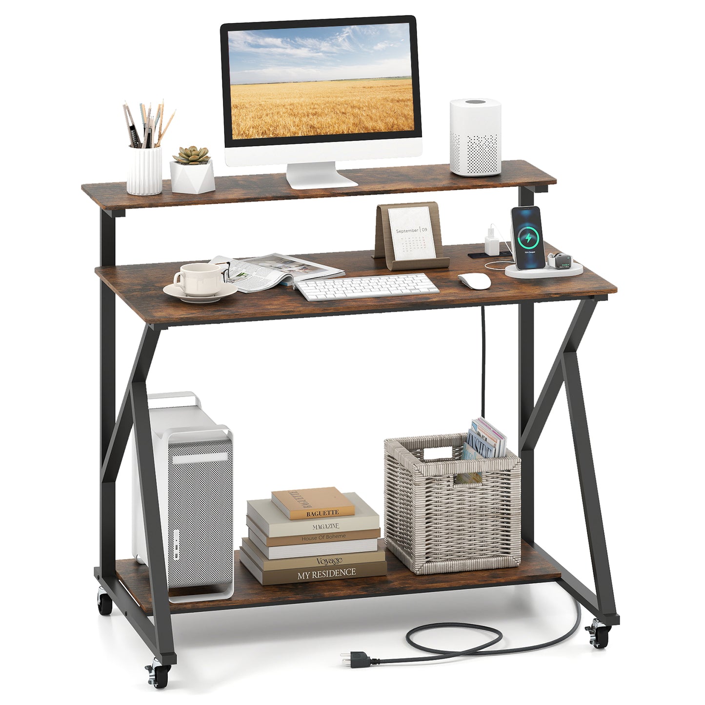 Rolling Computer Desk With Charging Station, Monitor Shelf, Brown Computer Desks Rustic Brown at Gallery Canada