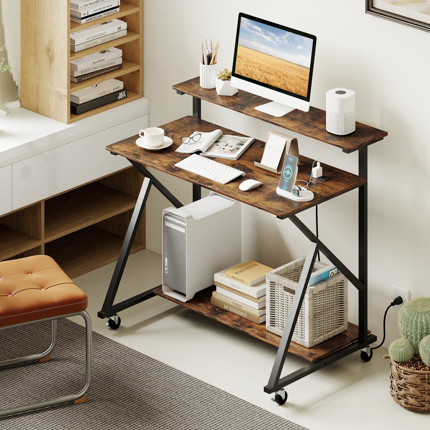 Rolling Computer Desk With Charging Station, Monitor Shelf, Brown Computer Desks at Gallery Canada