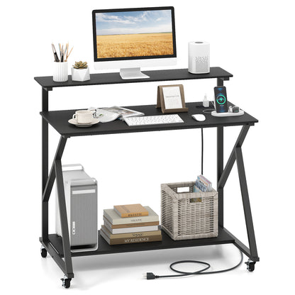 Rolling Computer Desk With Charging Station, Monitor Shelf, Black Computer Desks Black at Gallery Canada