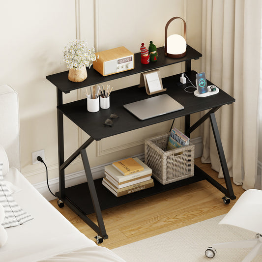 Rolling Computer Desk With Charging Station, Monitor Shelf, Black Computer Desks Black at Gallery Canada