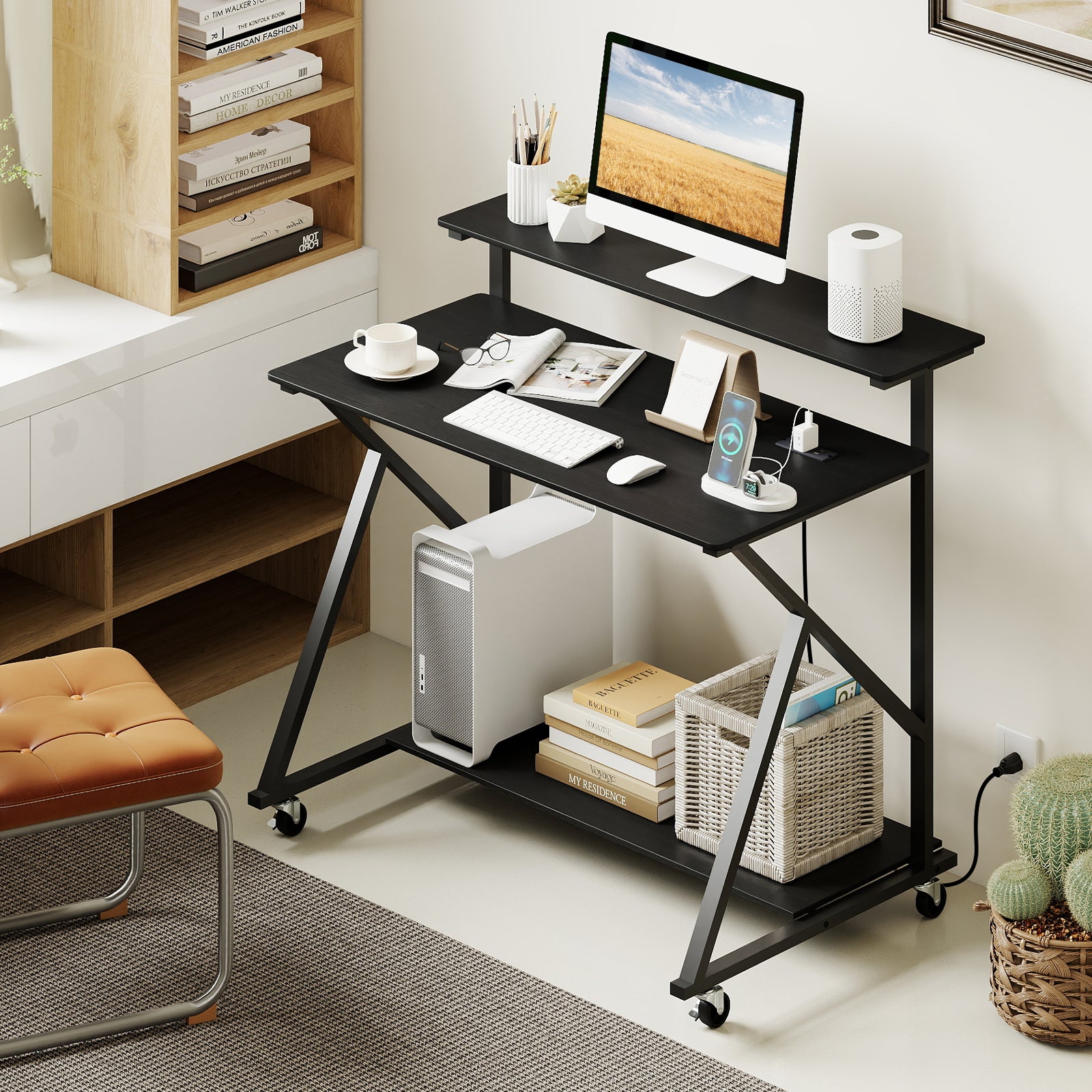 Rolling Computer Desk With Charging Station, Monitor Shelf, Black Computer Desks at Gallery Canada