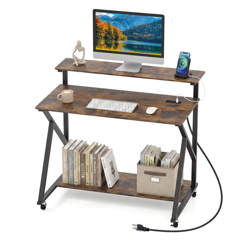 Rolling Computer Desk With Charging Station, Monitor Shelf, Brown