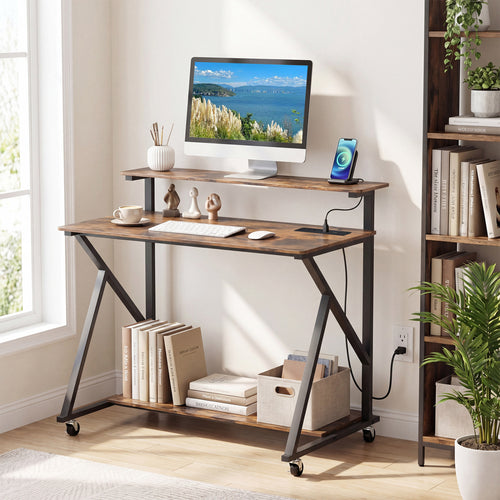 Rolling Computer Desk With Charging Station, Monitor Shelf, Brown