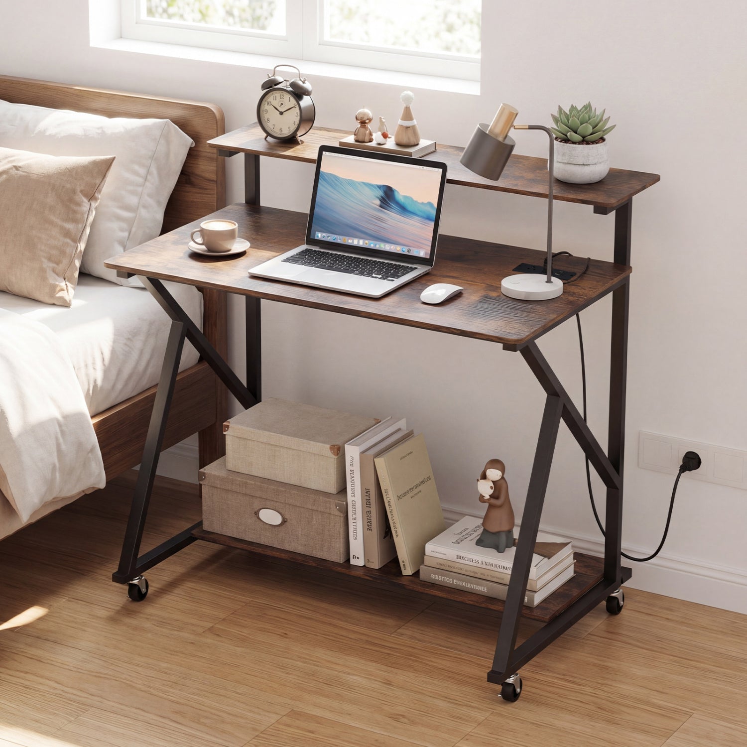 Rolling Computer Desk With Charging Station, Monitor Shelf, Brown Computer Desks at Gallery Canada