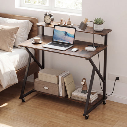 Rolling Computer Desk With Charging Station, Monitor Shelf, Brown Computer Desks at Gallery Canada