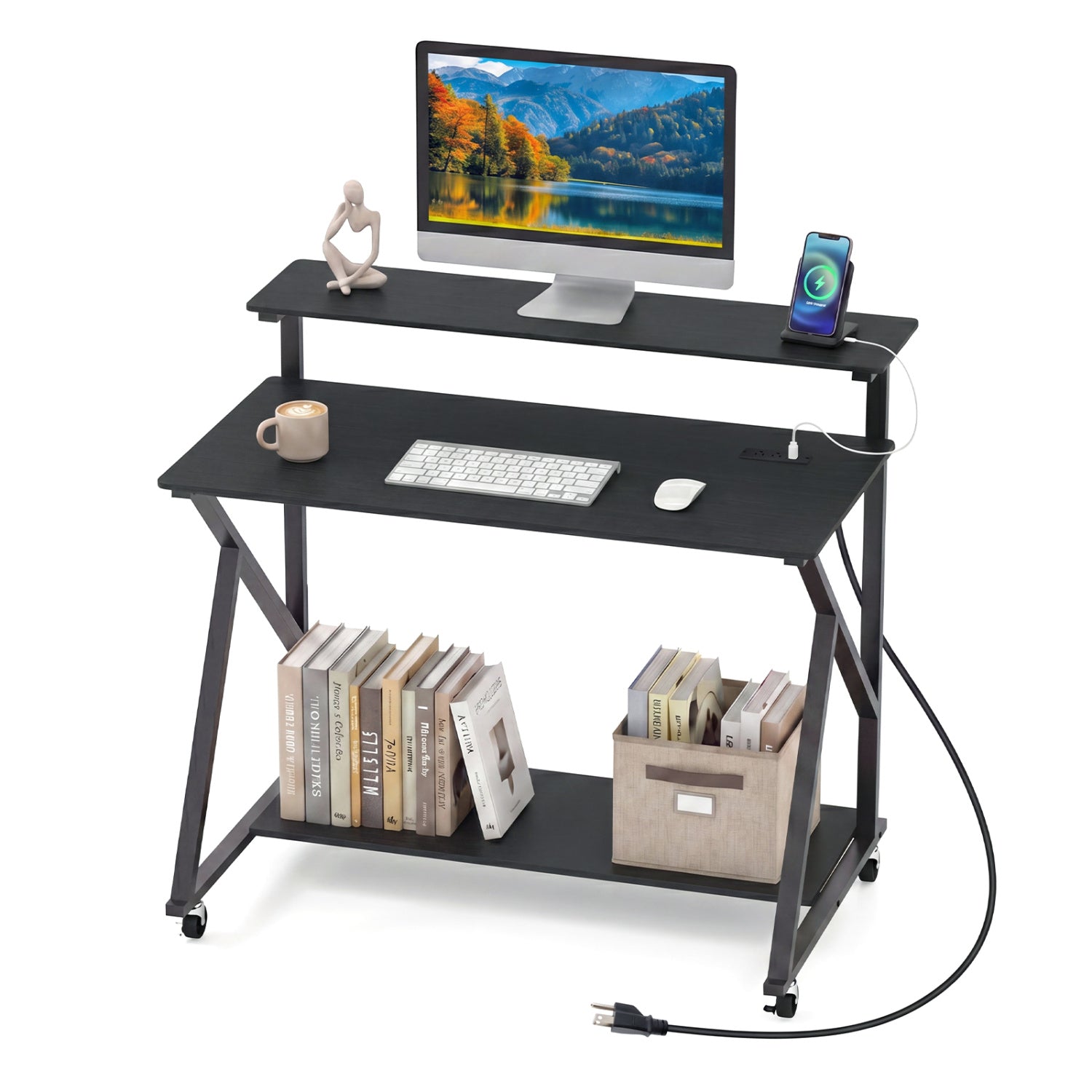Rolling Computer Desk With Charging Station, Monitor Shelf, Black Computer Desks Black at Gallery Canada