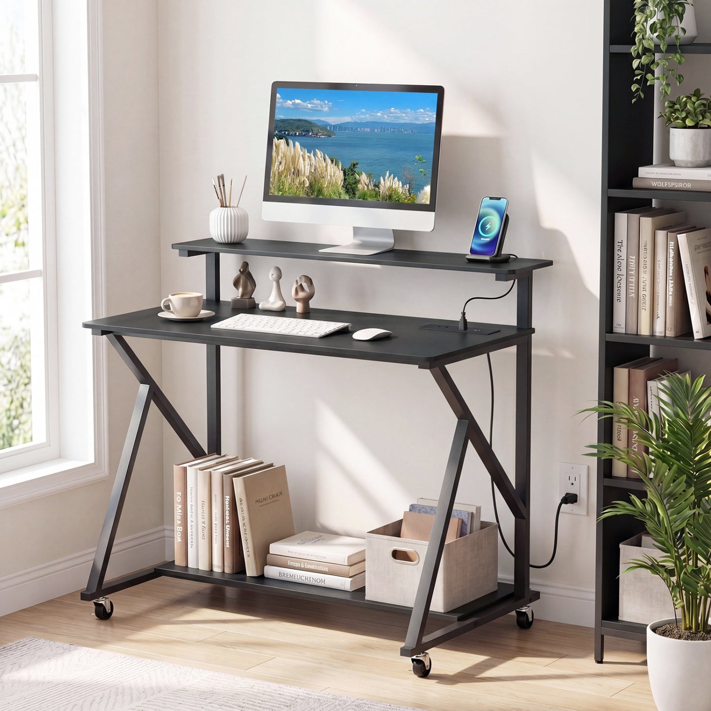 Rolling Computer Desk With Charging Station, Monitor Shelf, Black Computer Desks at Gallery Canada