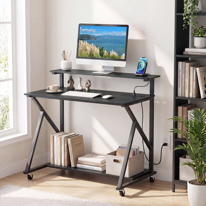 Rolling Computer Desk With Charging Station, Monitor Shelf, Black Computer Desks at Gallery Canada