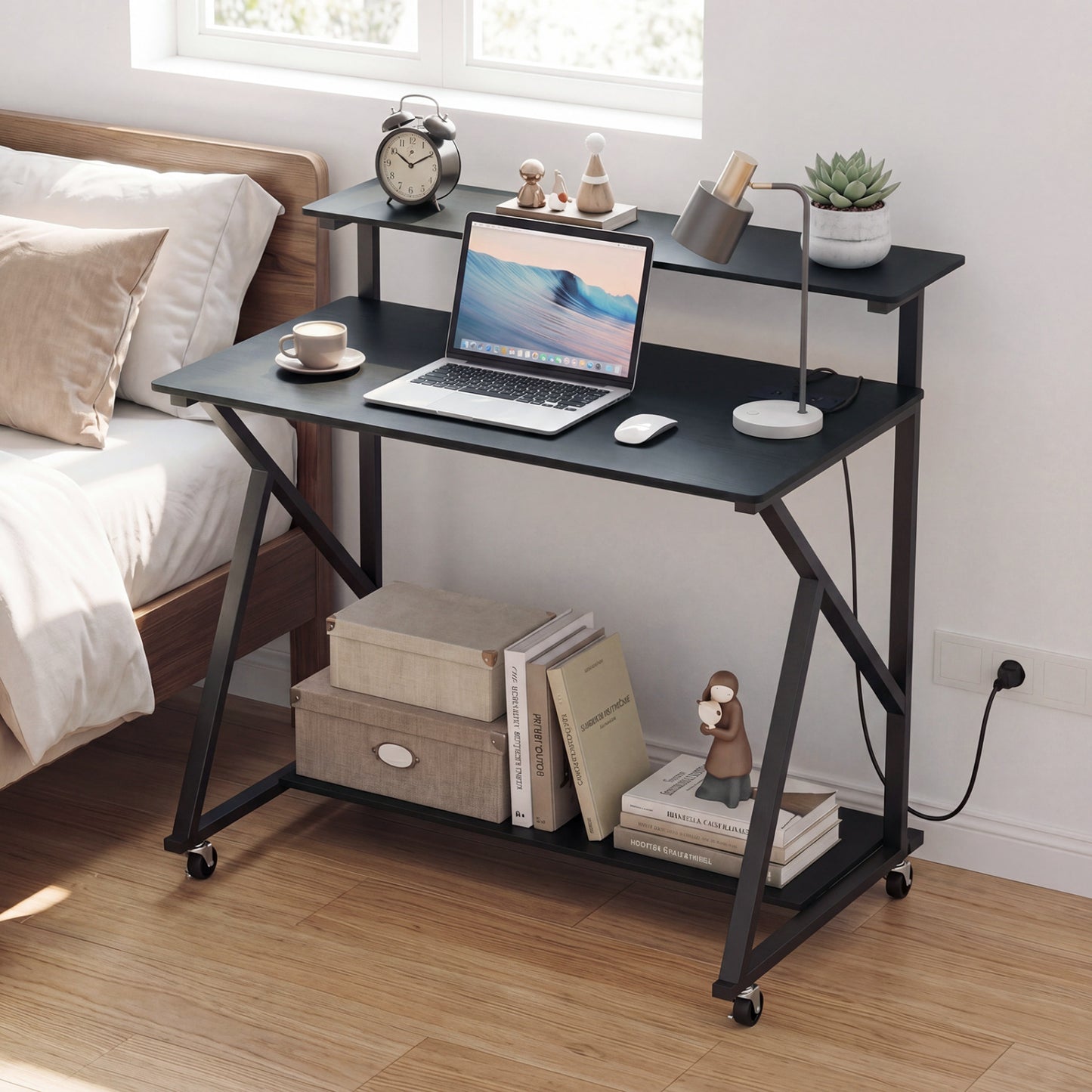 Rolling Computer Desk With Charging Station, Monitor Shelf, Black Computer Desks at Gallery Canada