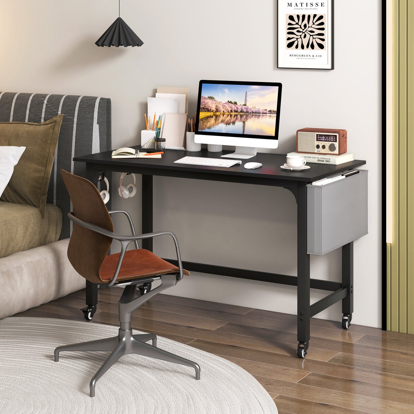 Bureau d'ordinateur roulant avec crochets pour casque, noir
