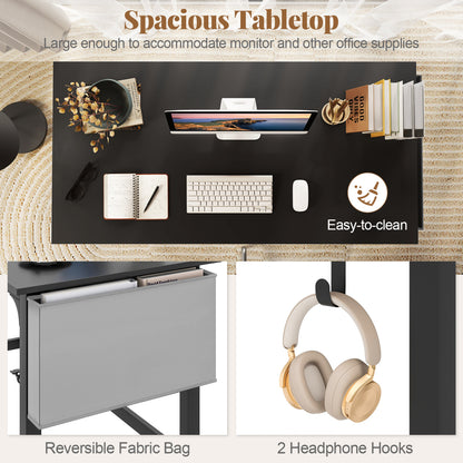 Bureau d'ordinateur roulant avec crochets pour casque, noir