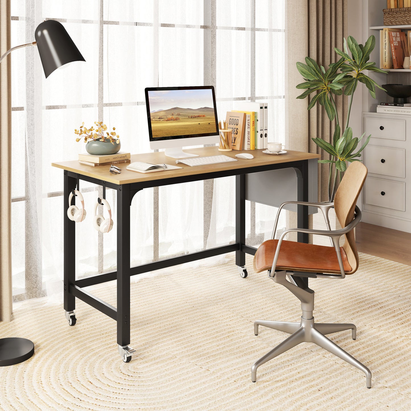 Bureau d'ordinateur roulant, roues verrouillables, naturel