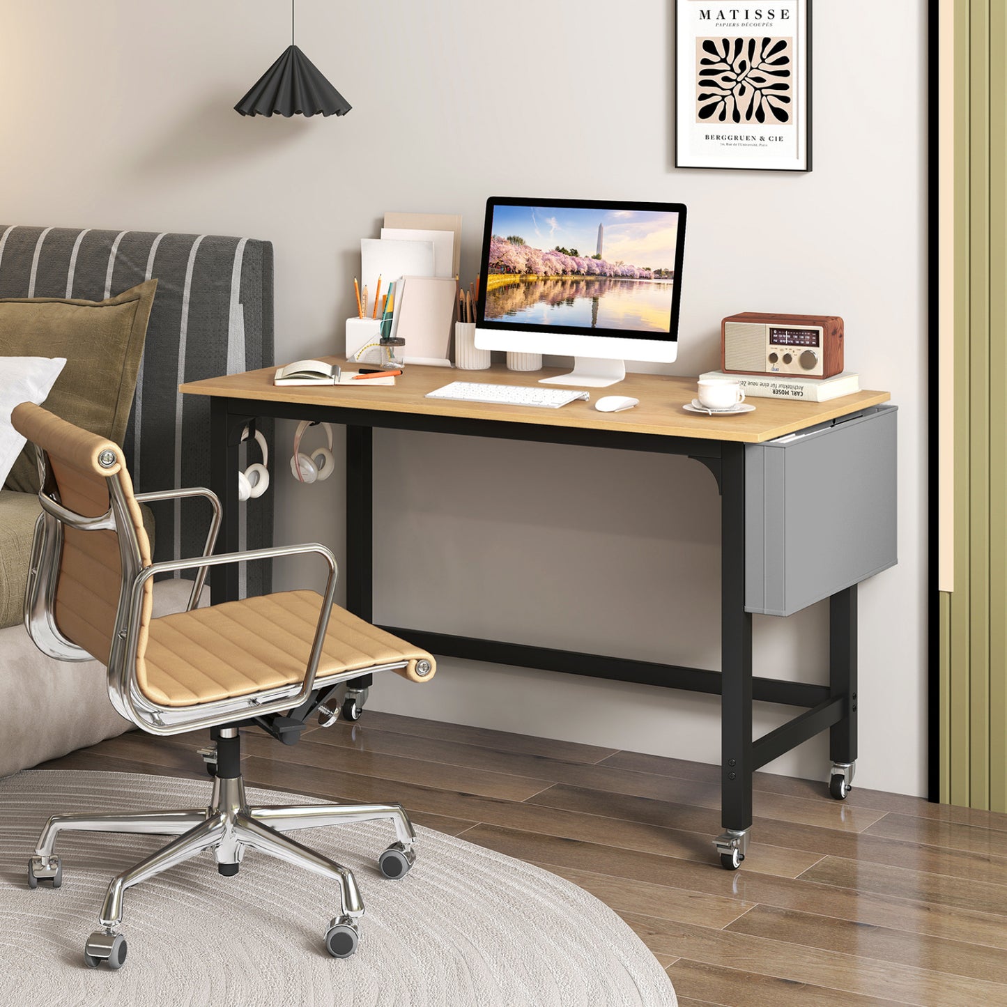 Bureau d'ordinateur roulant, roues verrouillables, naturel