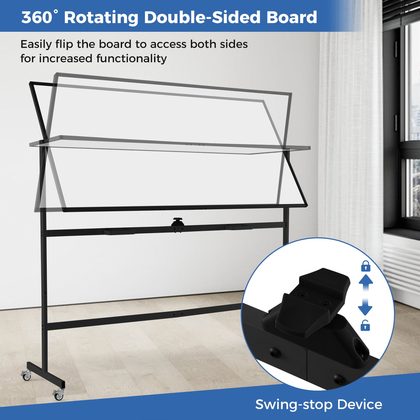Rolling Double-Sided Magnetic Whiteboard on Wheels with Stand and Aluminum Alloy Frame, Black