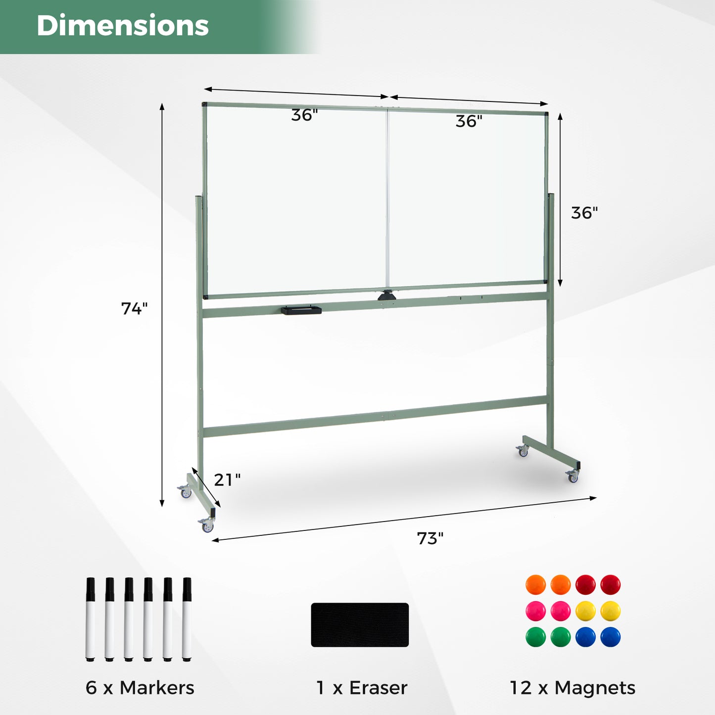 Rolling Double-Sided Magnetic Whiteboard on Wheels with Stand and Aluminum Alloy Frame, Green
