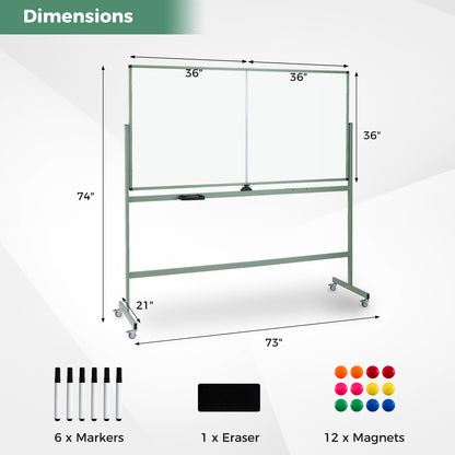 Rolling Double-Sided Magnetic Whiteboard on Wheels with Stand and Aluminum Alloy Frame, Green