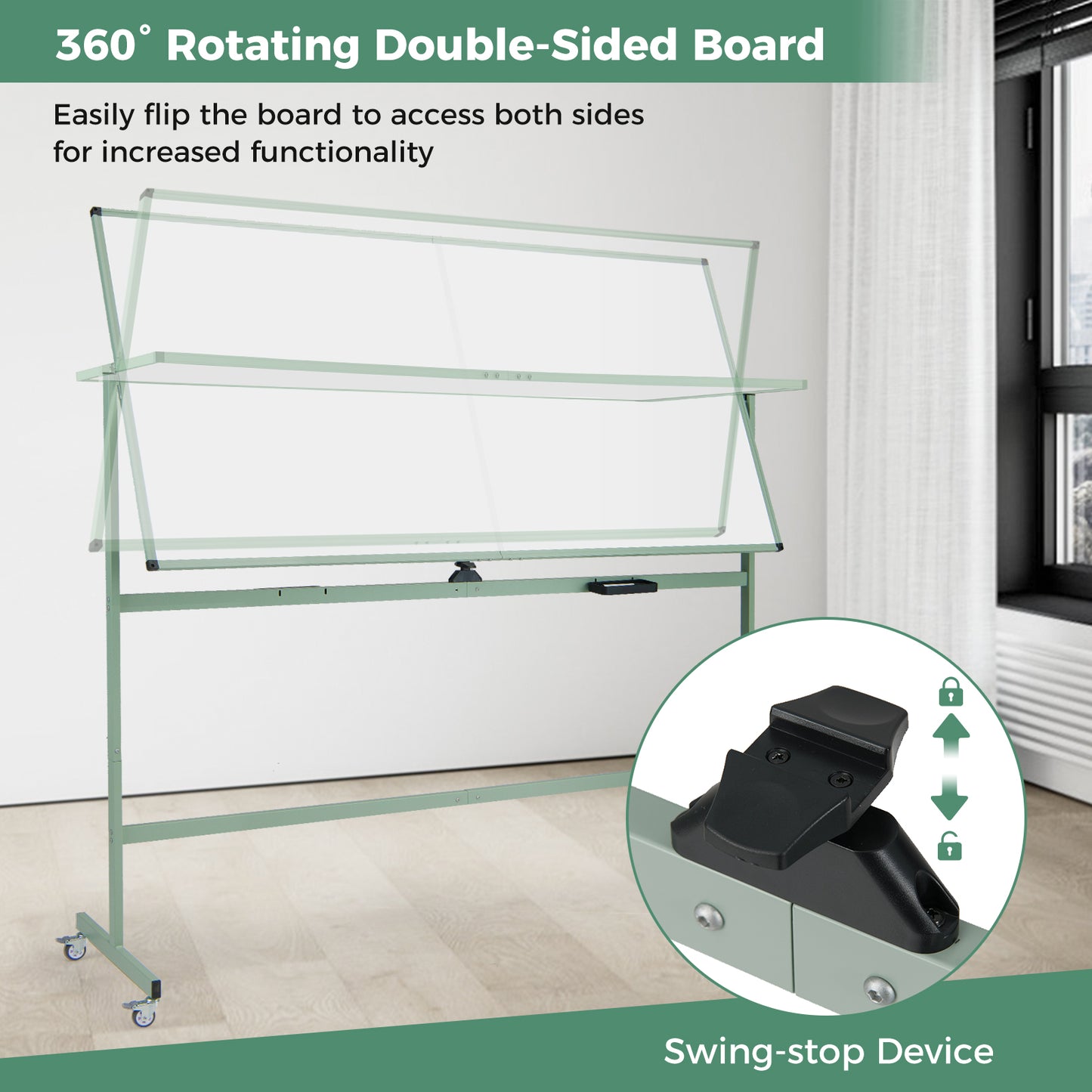 Rolling Double-Sided Magnetic Whiteboard on Wheels with Stand and Aluminum Alloy Frame, Green