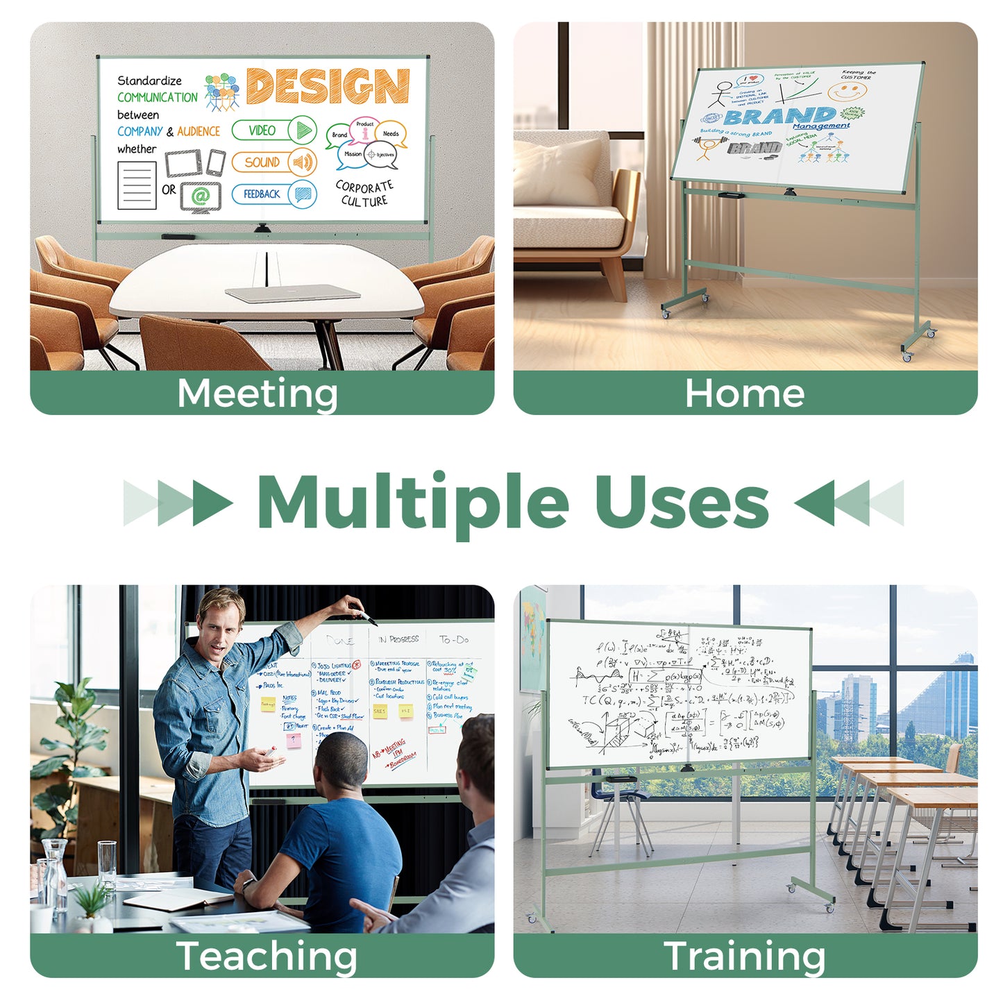 Rolling Double-Sided Magnetic Whiteboard on Wheels with Stand and Aluminum Alloy Frame, Green