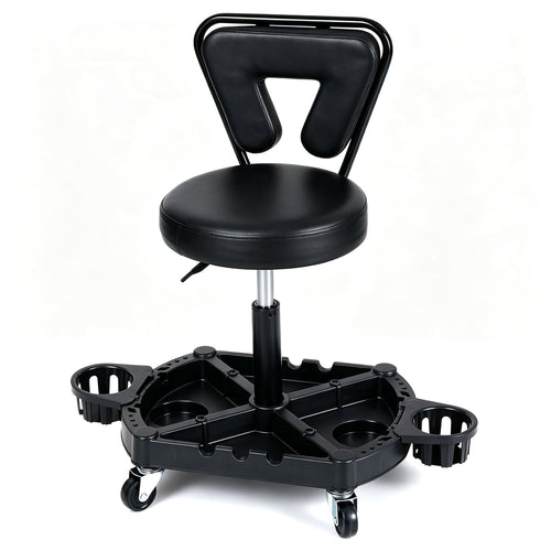 Rolling Mechanic Stool, Tool Tray Storage, Padded Seat, Black