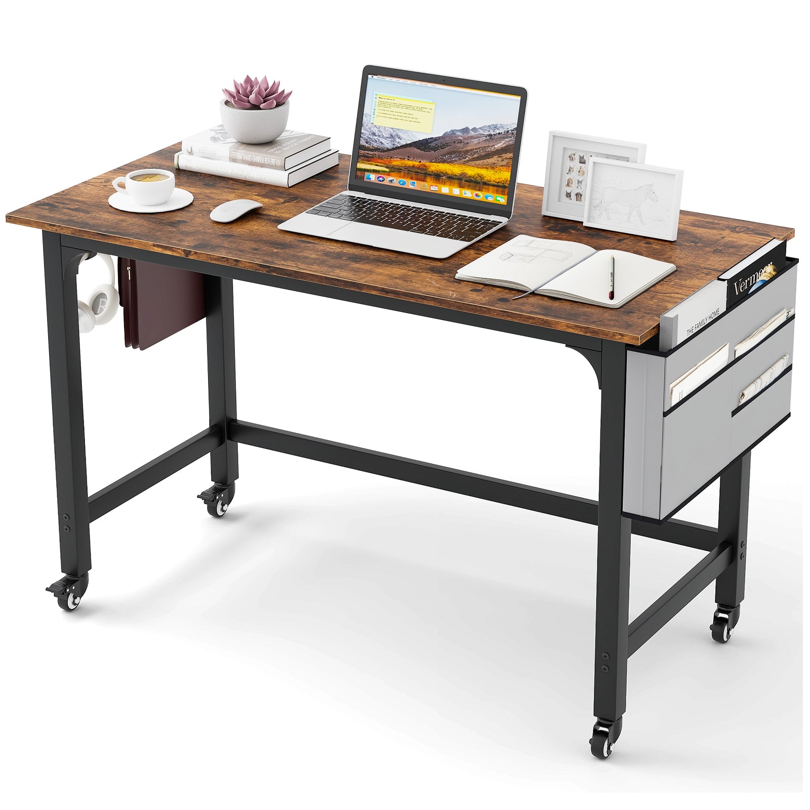 Rolling Home Office Computer Desk with Detachable Fabric Bag, Brown Writing Desks at Gallery Canada