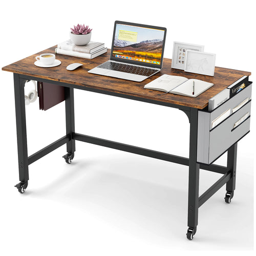 Rolling Computer Desk With Detachable Fabric Bag, Brown