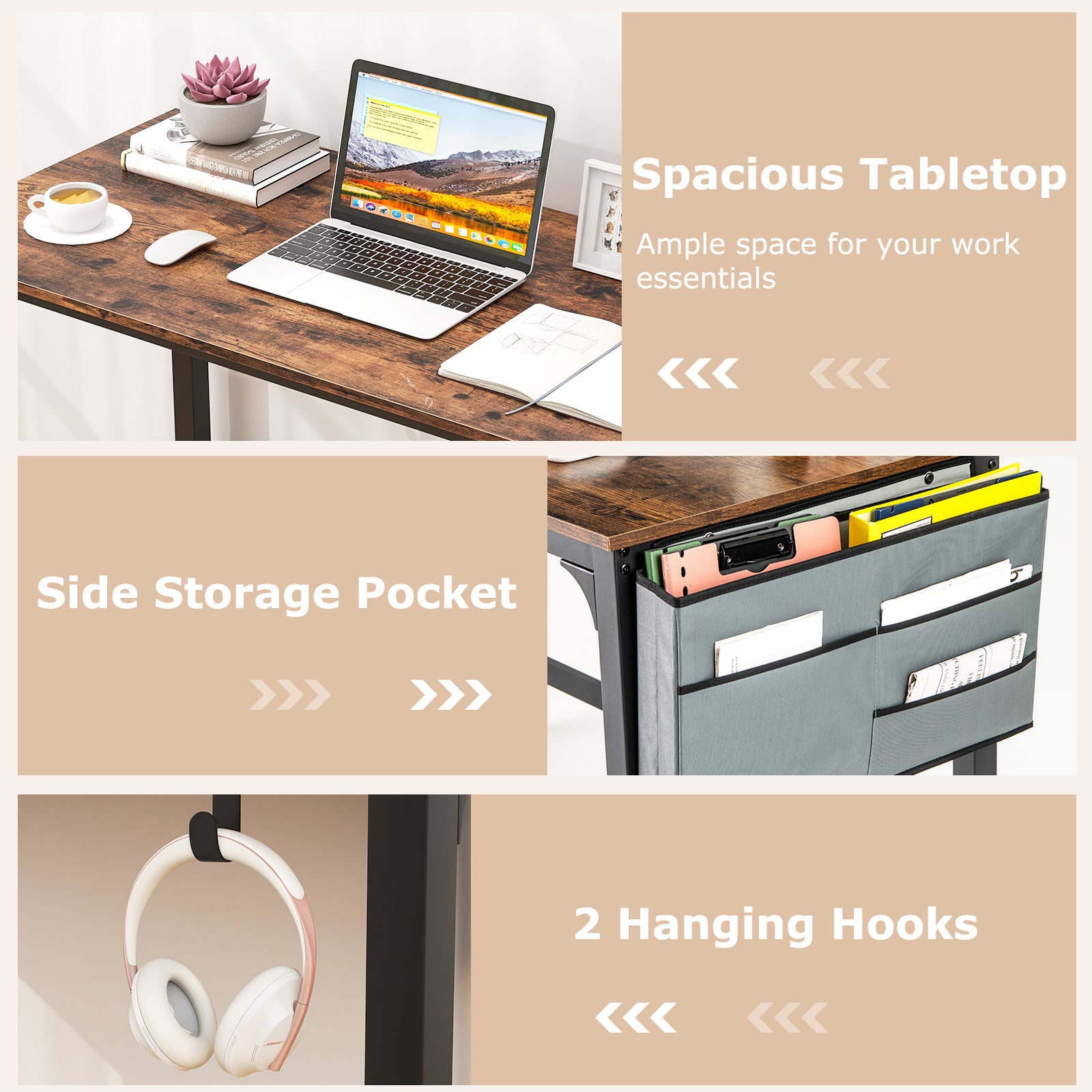 Rolling Home Office Computer Desk with Detachable Fabric Bag, Brown Writing Desks at Gallery Canada