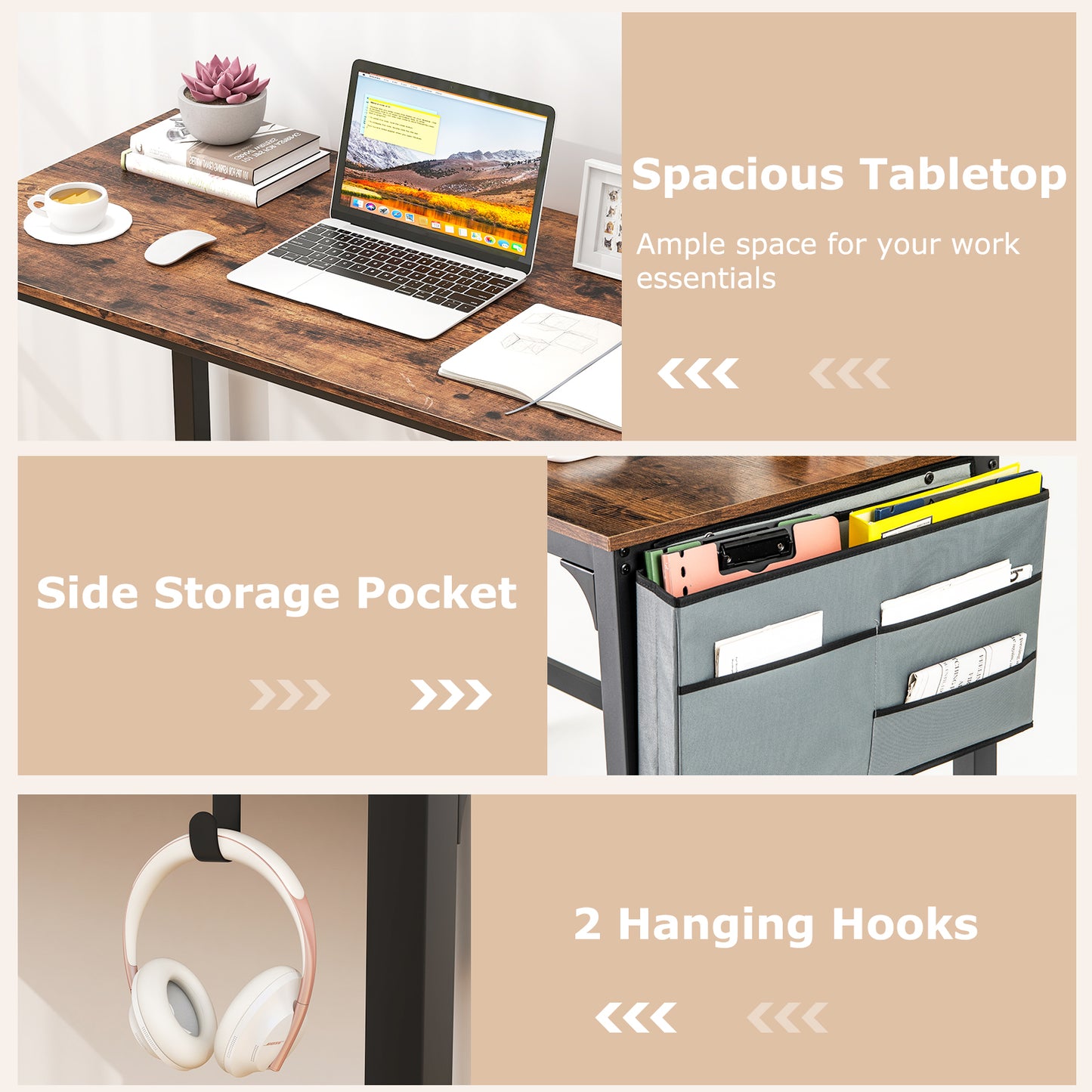 Rolling Home Office Computer Desk with Detachable Fabric Bag, Brown Writing Desks at Gallery Canada