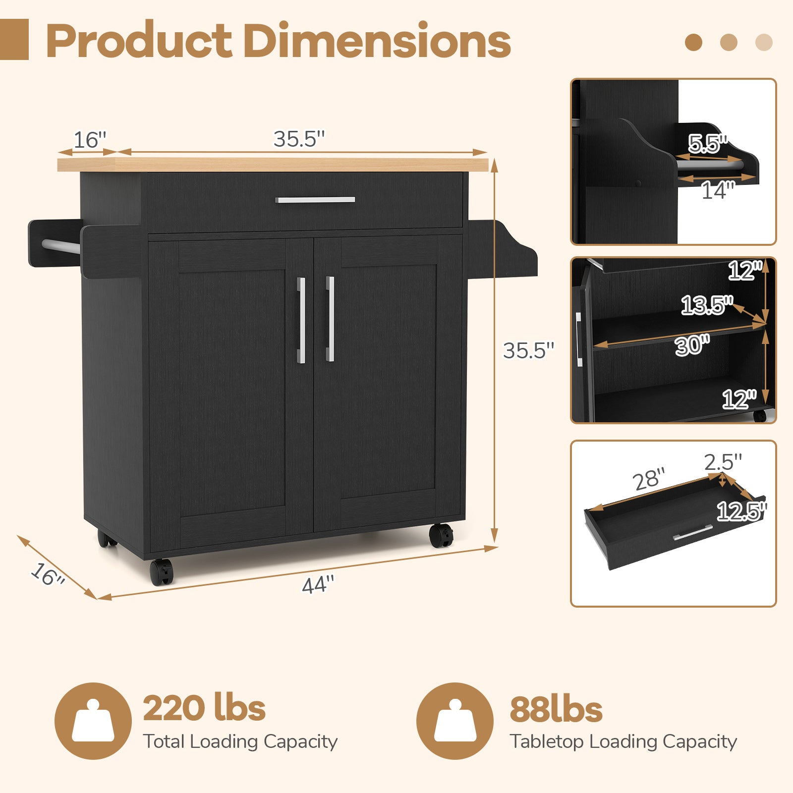 Rolling Kitchen Island Cart with Towel and Spice Rack, Black Kitchen Islands & Carts at Gallery Canada