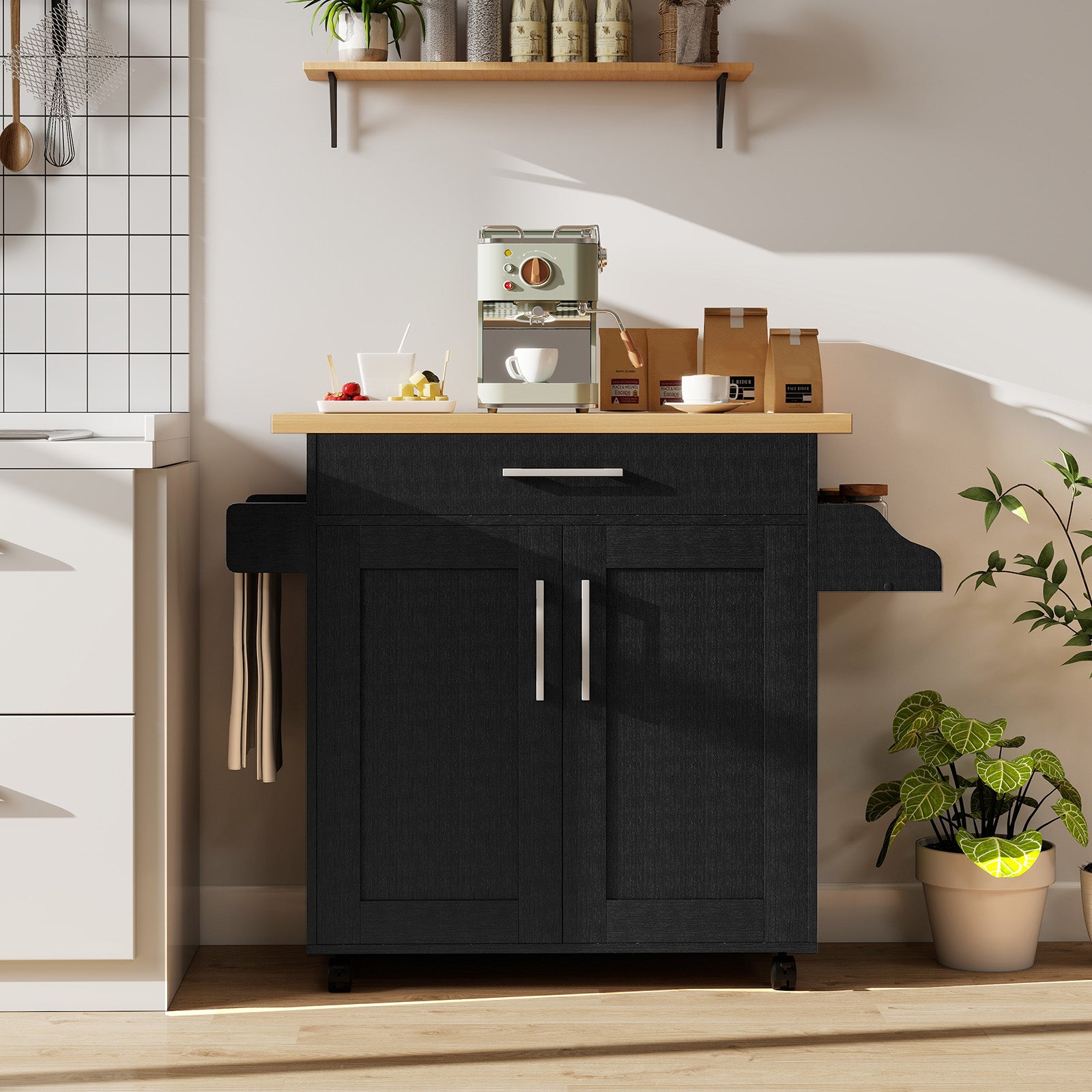 Rolling Kitchen Island Cart with Towel and Spice Rack, Black Kitchen Islands & Carts at Gallery Canada
