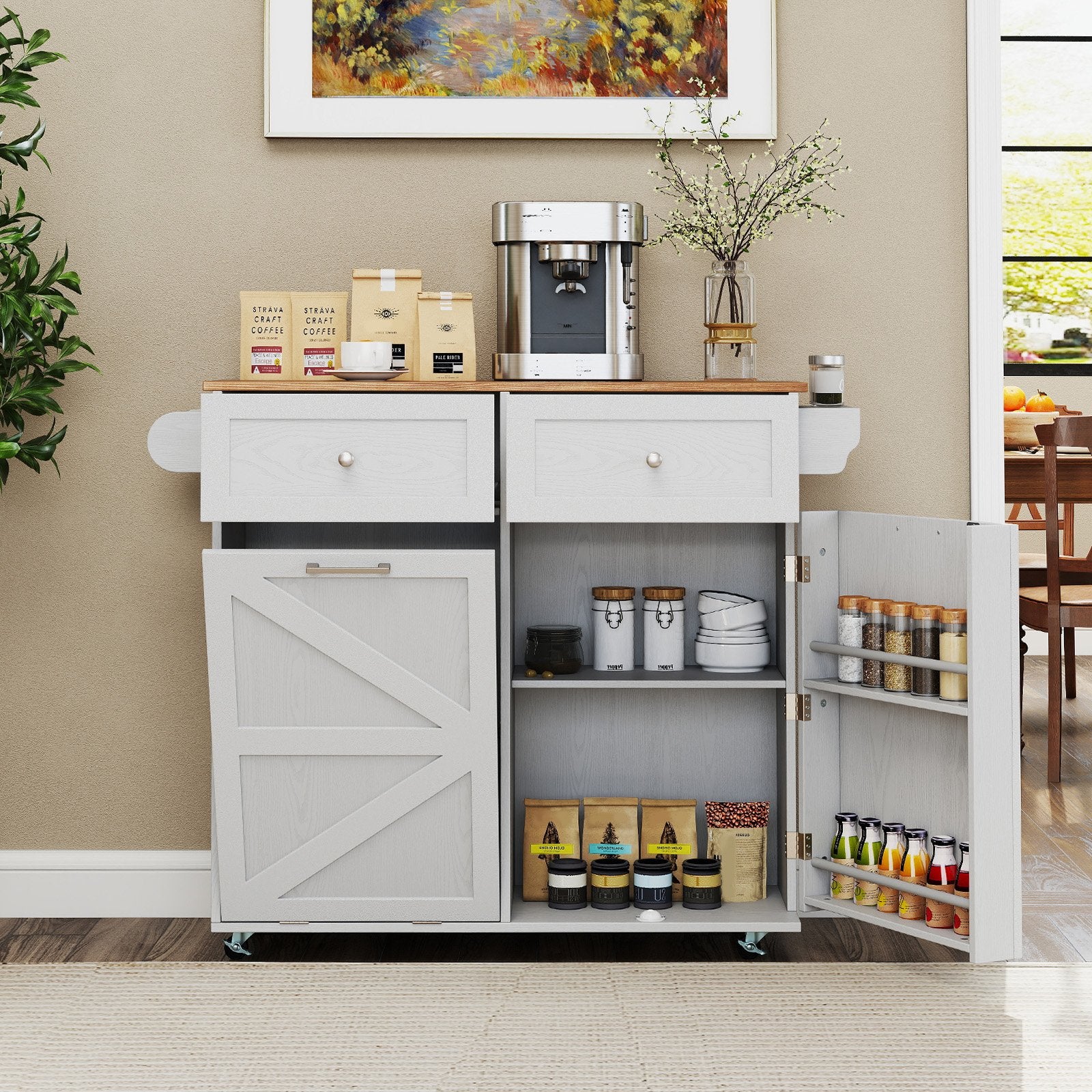Rolling Kitchen Island with Trash Can Cabinet and Rubber Universal Wheels-Grey, Gray Kitchen Islands & Carts at Gallery Canada