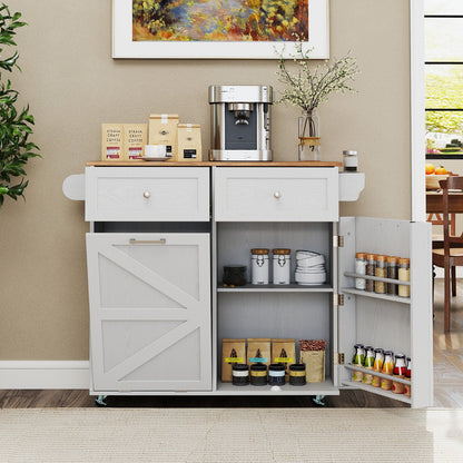 Rolling Kitchen Island with Trash Can Cabinet and Rubber Universal Wheels-Grey, Gray Kitchen Islands & Carts at Gallery Canada