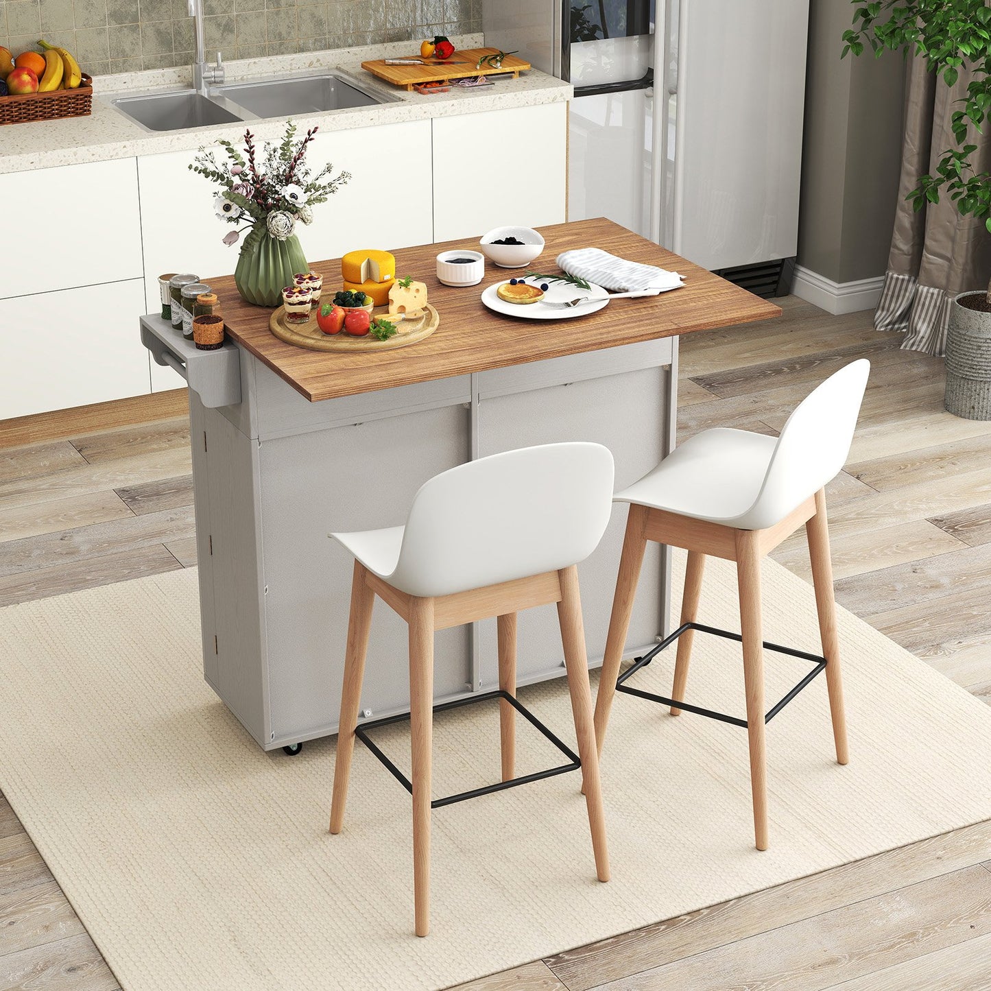 Rolling Kitchen Island with Trash Can Cabinet and Rubber Universal Wheels-Grey, Gray Kitchen Islands & Carts at Gallery Canada