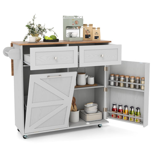 Rolling Kitchen Island with Trash Can Cabinet and Rubber Universal Wheels-Grey, Gray