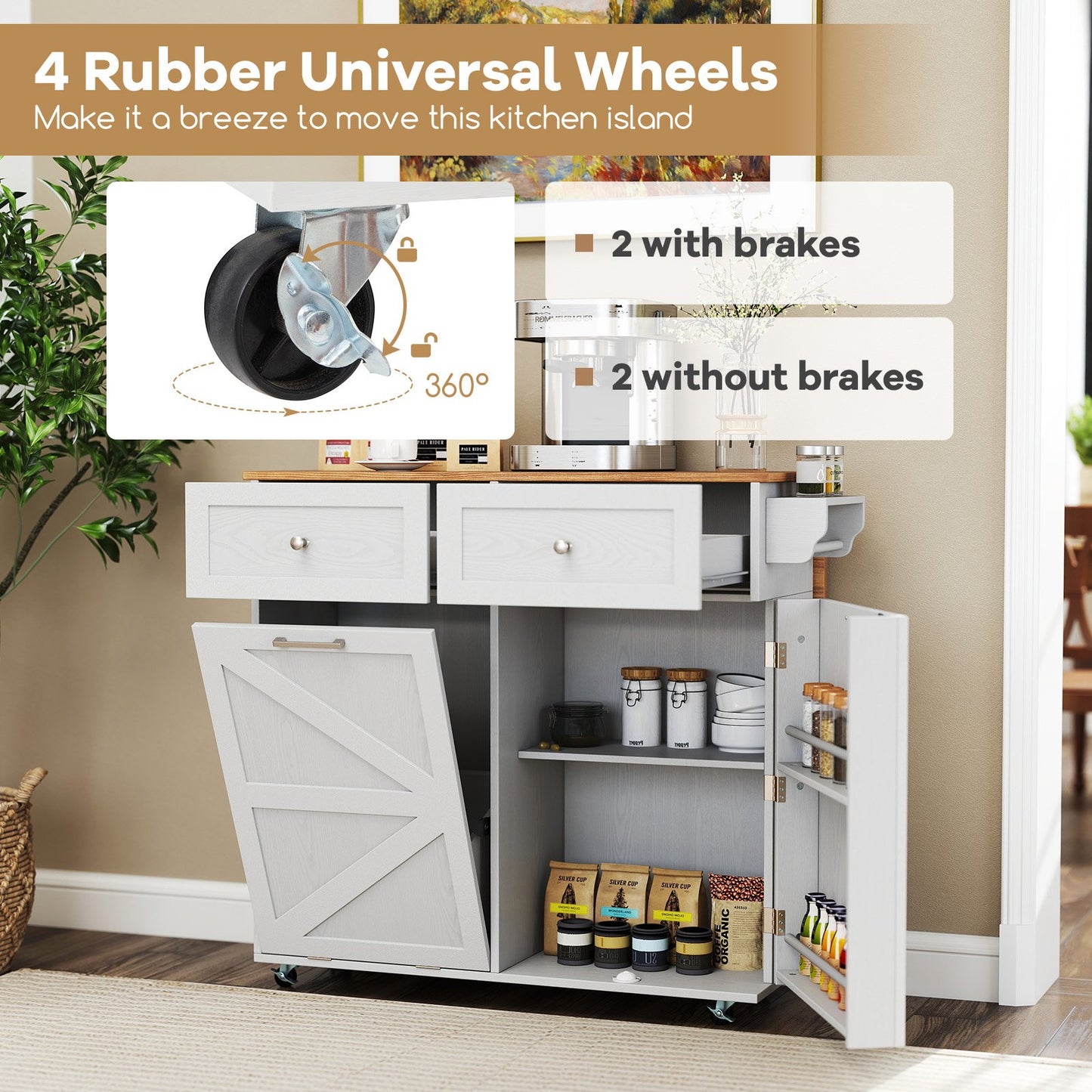Rolling Kitchen Island with Trash Can Cabinet and Rubber Universal Wheels-Grey, Gray Kitchen Islands & Carts at Gallery Canada
